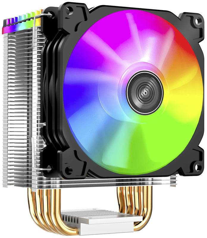 CPU cooler with an RGB fan that glows in rainbow colours. The cooler has a metal heatsink and multiple heat pipes.