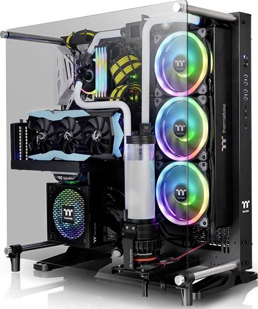 A modern gaming PC with a transparent case displays colourful RGB lighting and high-performance cooling components.