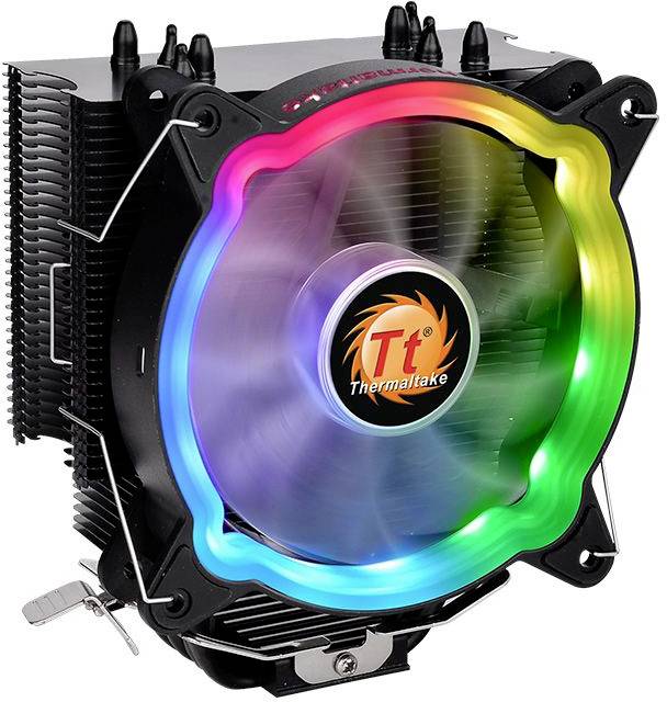 A computer fan with illuminating RGB LEDs, branded 'Thermaltake', serves to cool the hardware within a PC case.
