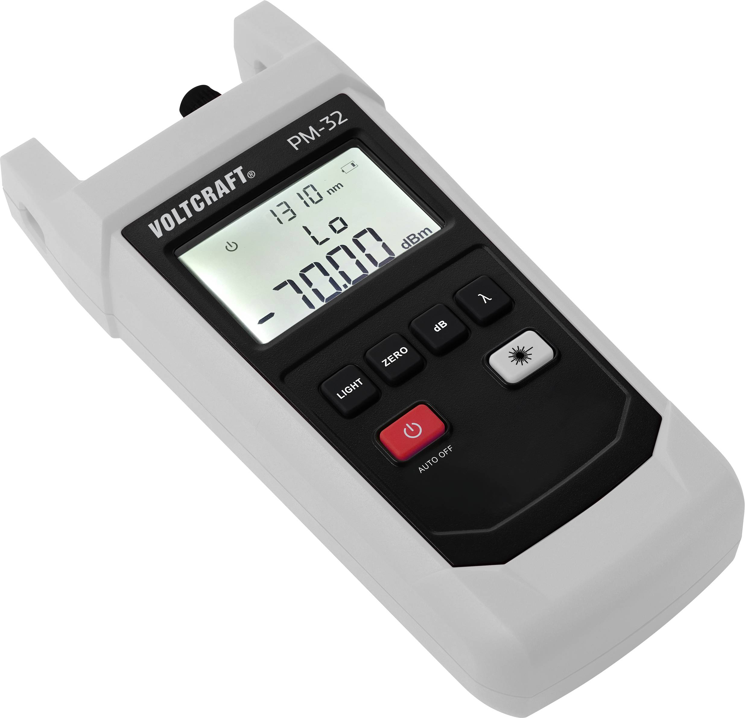 A digital optical power metre named 'VOLCRAFT PM-32', displays '-70.00 dBm' on an illuminated display.