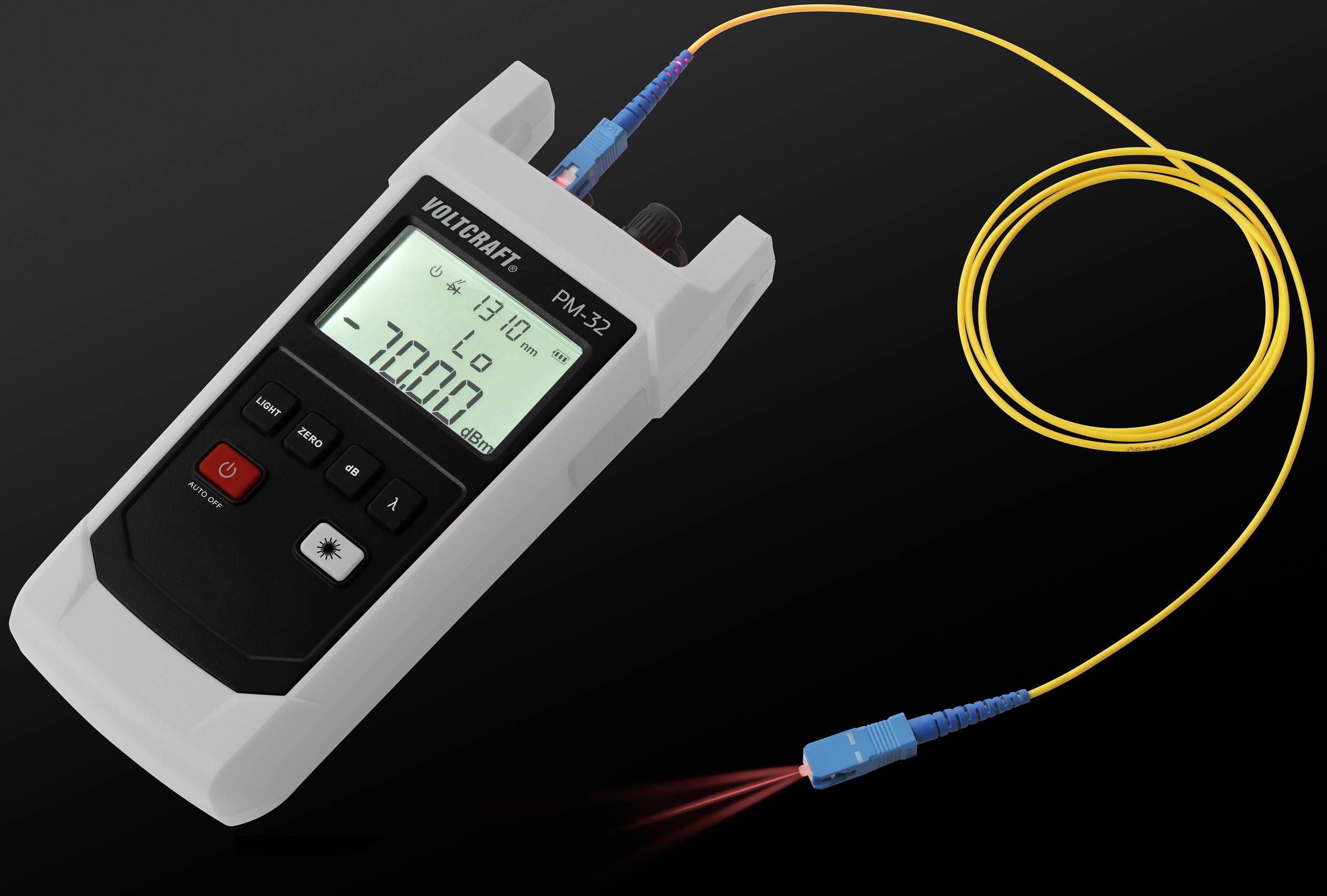 Optical Power Meter Voltcraft PM-37 with power display and cable connection, suitable for measurements in telecommunications.