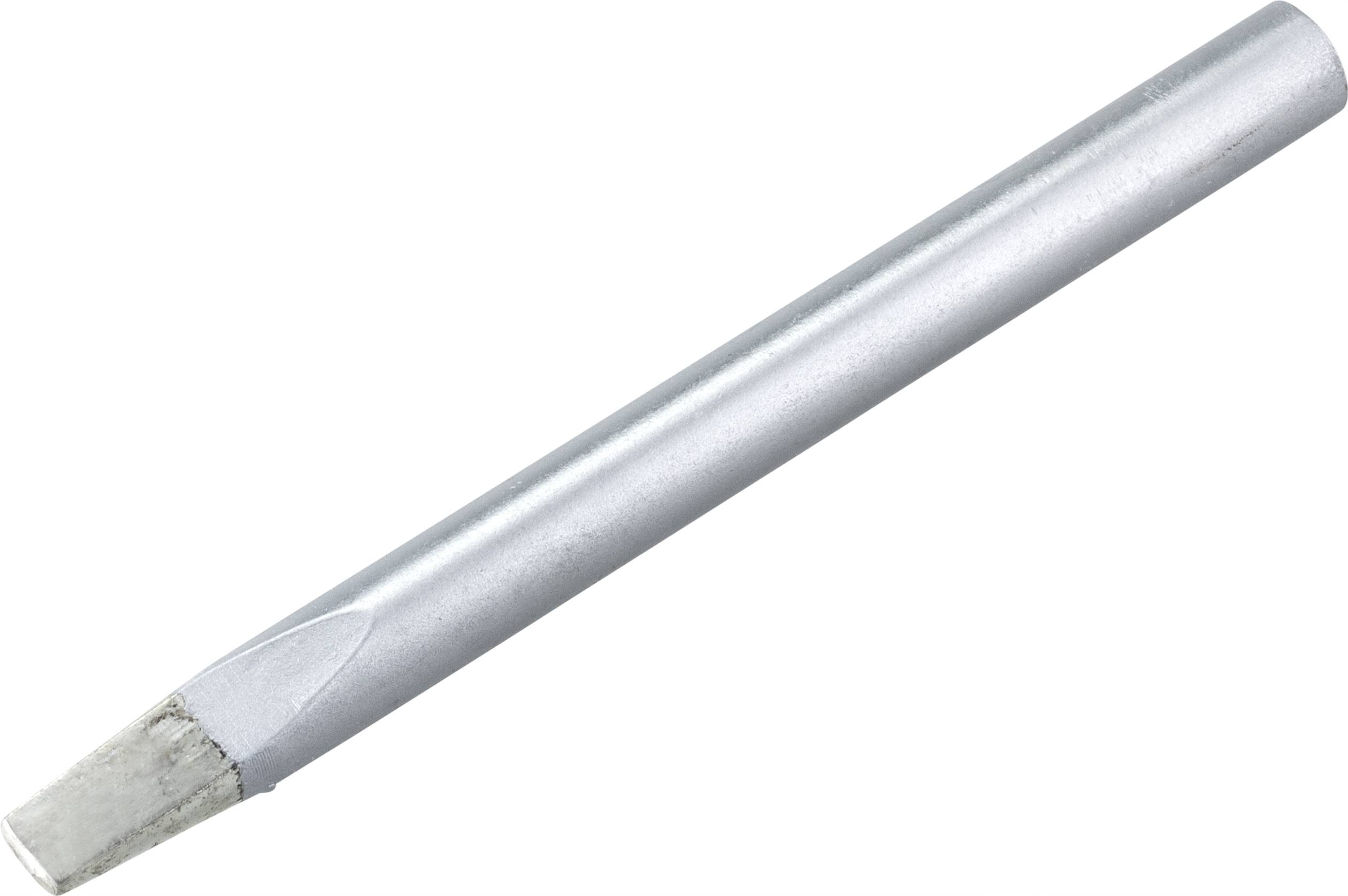 A metal chisel with a flat point, slightly angled. Suitable for working with materials such as stone or metal.