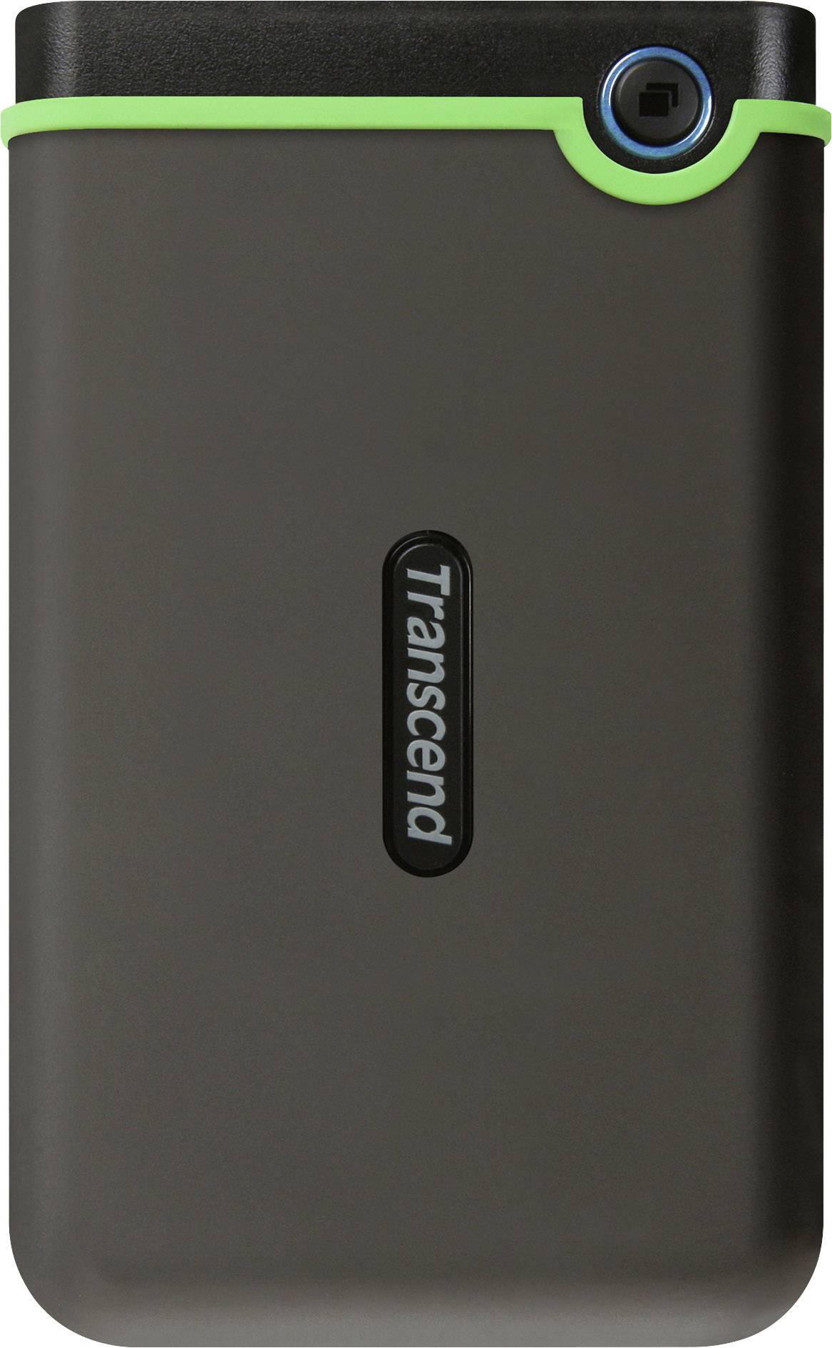 Black external hard drive by Transcend, with a green border, positioned vertically. Features a USB port and the logo in the centre.