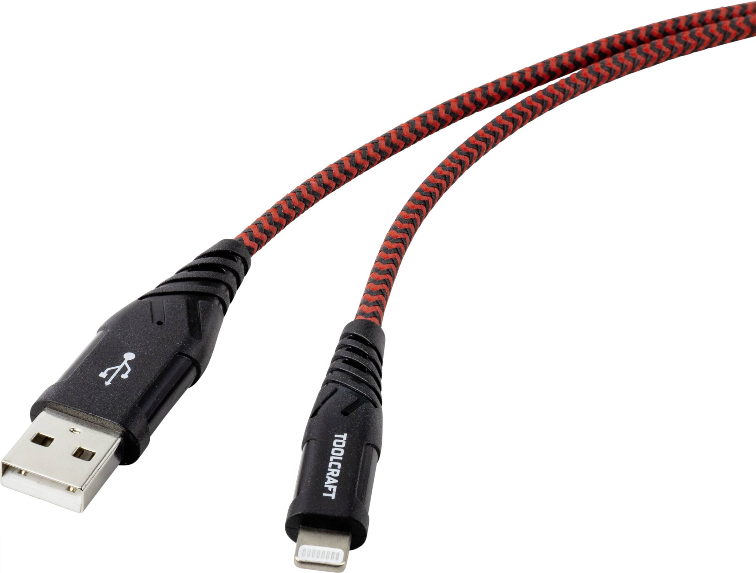 A black and red USB to Lightning cable with a braided design.