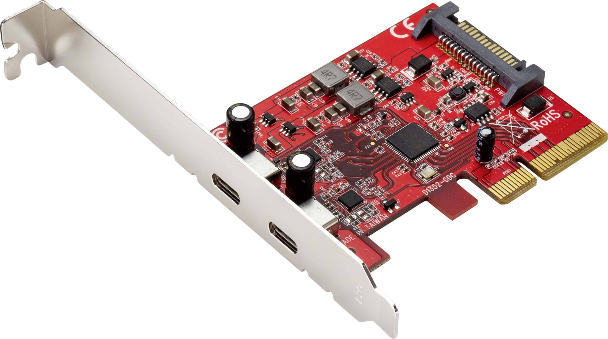 Red PCIe expansion card with two USB-C ports and silver mounting bracket, suitable for installation in a computer.