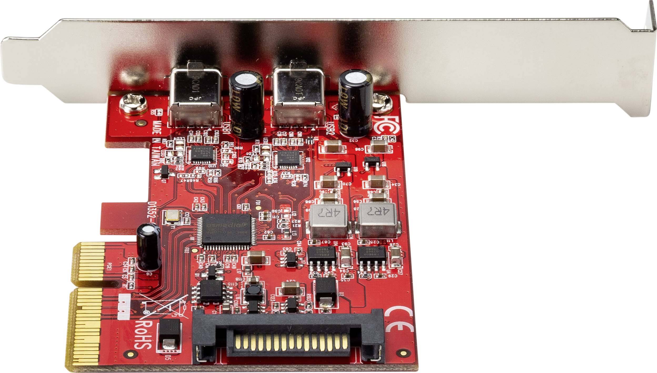 A red PCIe expansion card with various electronic components, connectors, and a SATA port at the bottom.