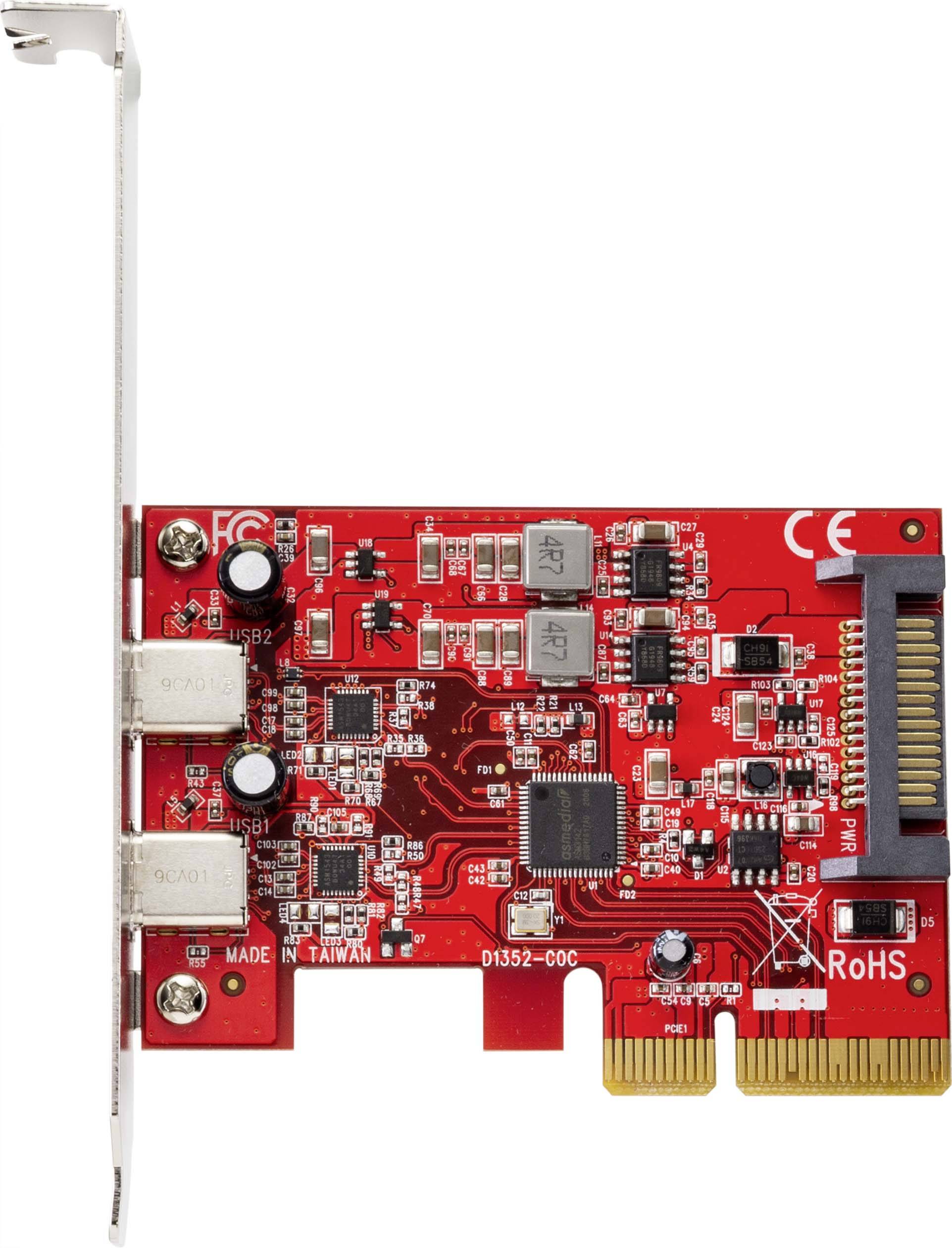 A red PCIe expansion card with two USB ports and electronic components, marked 'RoHS' and 'Made in Taiwan'.