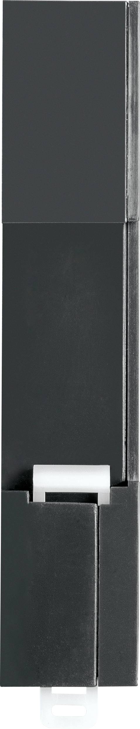 A black, vertical, rectangular device with multiple segments stacked on top of each other. At the bottom, a small white adapter is visible.