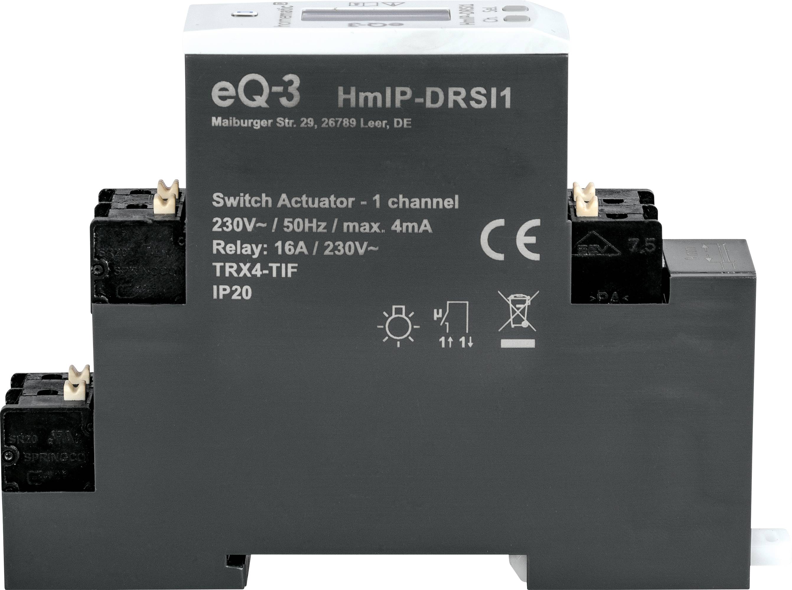 Grey switchboard actor with inscription 'eQ-3 HmIP-DRSI1'. Details for voltage (230V/50Hz), current (max. 4mA), relay (16A/230V).