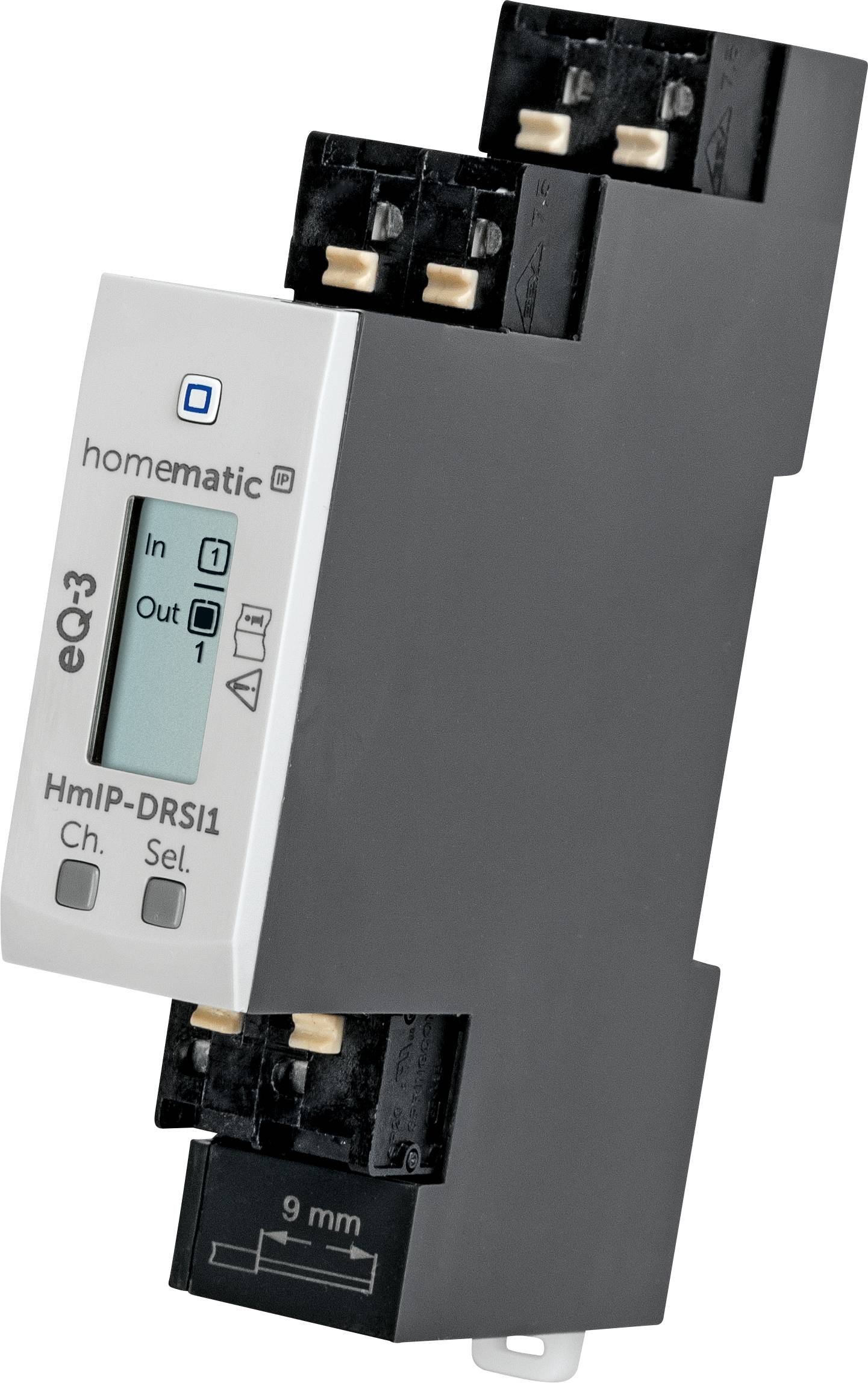 Smart home switching actuator in black and silver finish with LCD display and multiple connections.