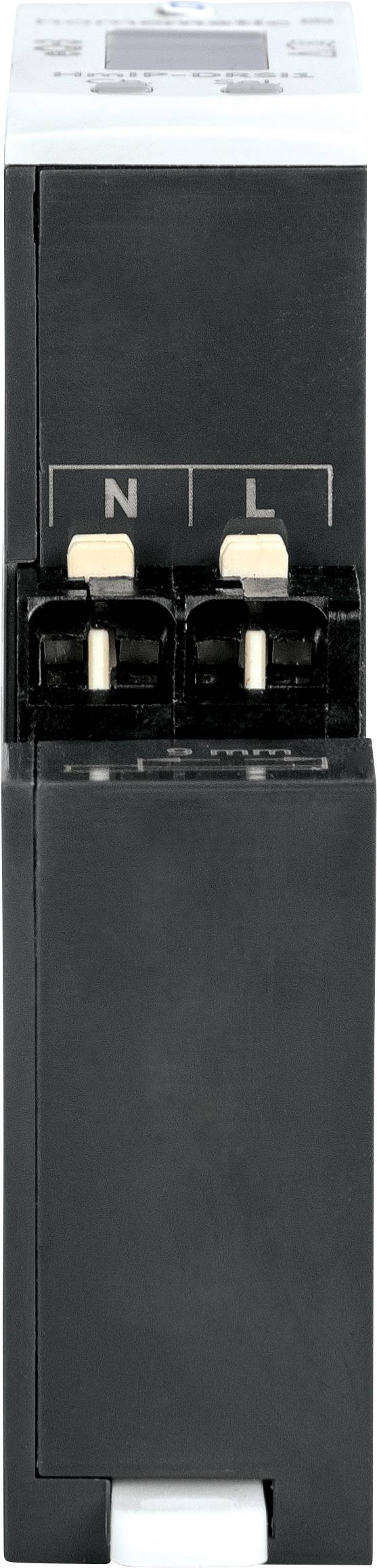 A black electrical device with two terminals for 'N' (Neutral) and 'L' (Live).