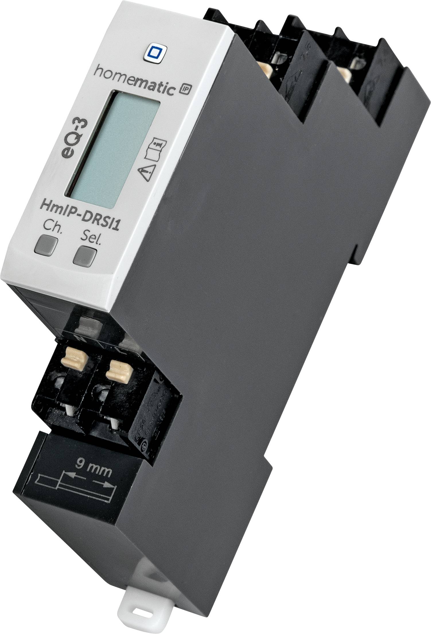 A black Homematic device with a digital display and label 'HmIP-DRSI1', used for controlling electrical systems.