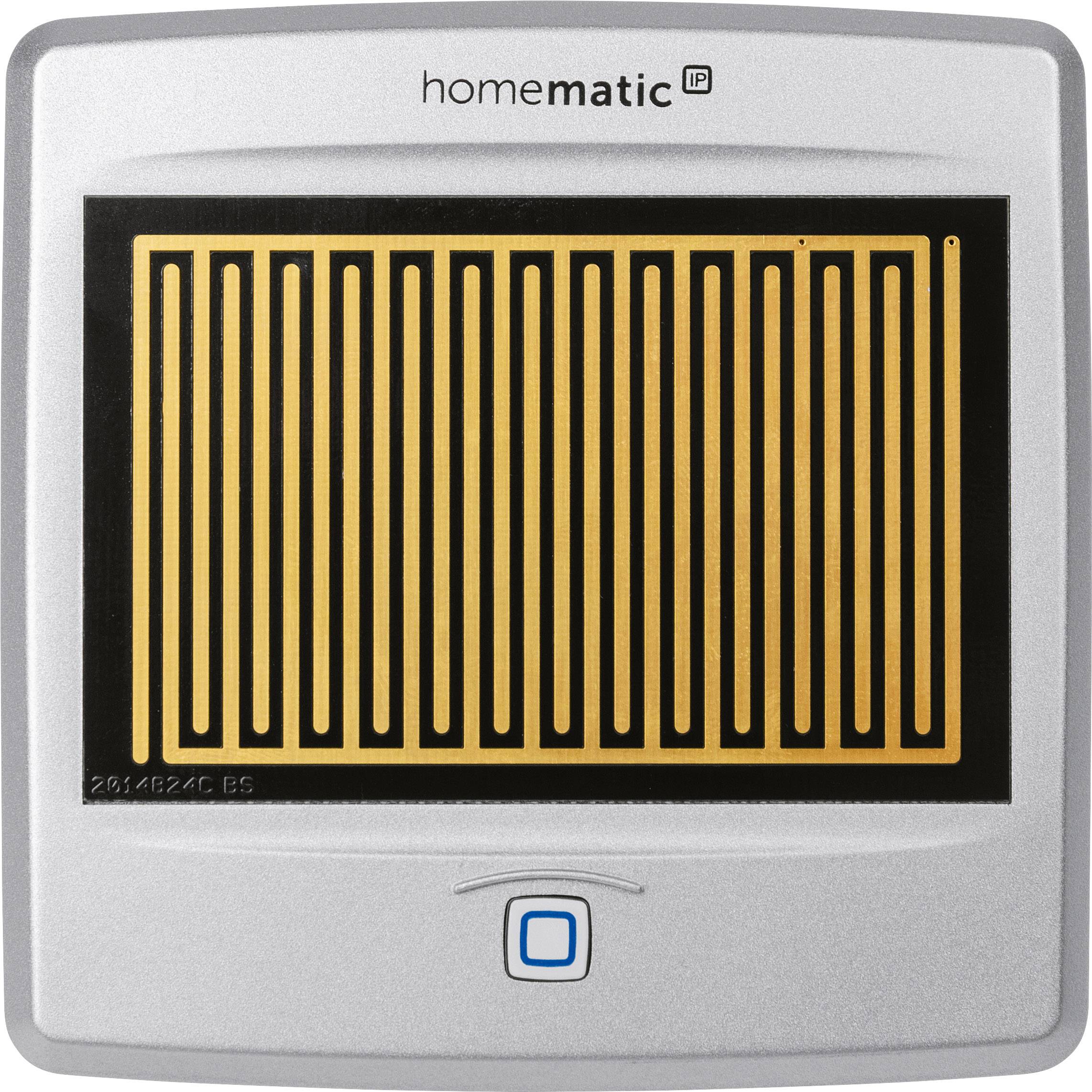 Radiator thermostat with an orange-gold display, showing a grid pattern. Above it is written 'homematic IP'.