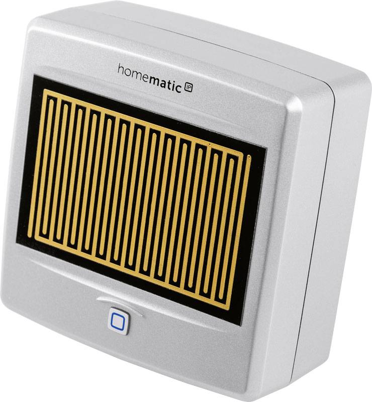 A silver Homematic IP device with a large yellow-black sensor and a blue button underneath, used for controlling home automation systems.