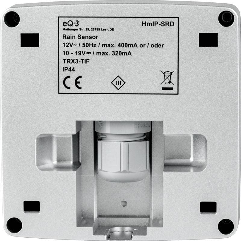 Rear side of a weatherproof rain sensor. Shows models, Technical specifications: 12V, 50Hz, max. 400mA or 10-19V, max. 320mA, IP44.