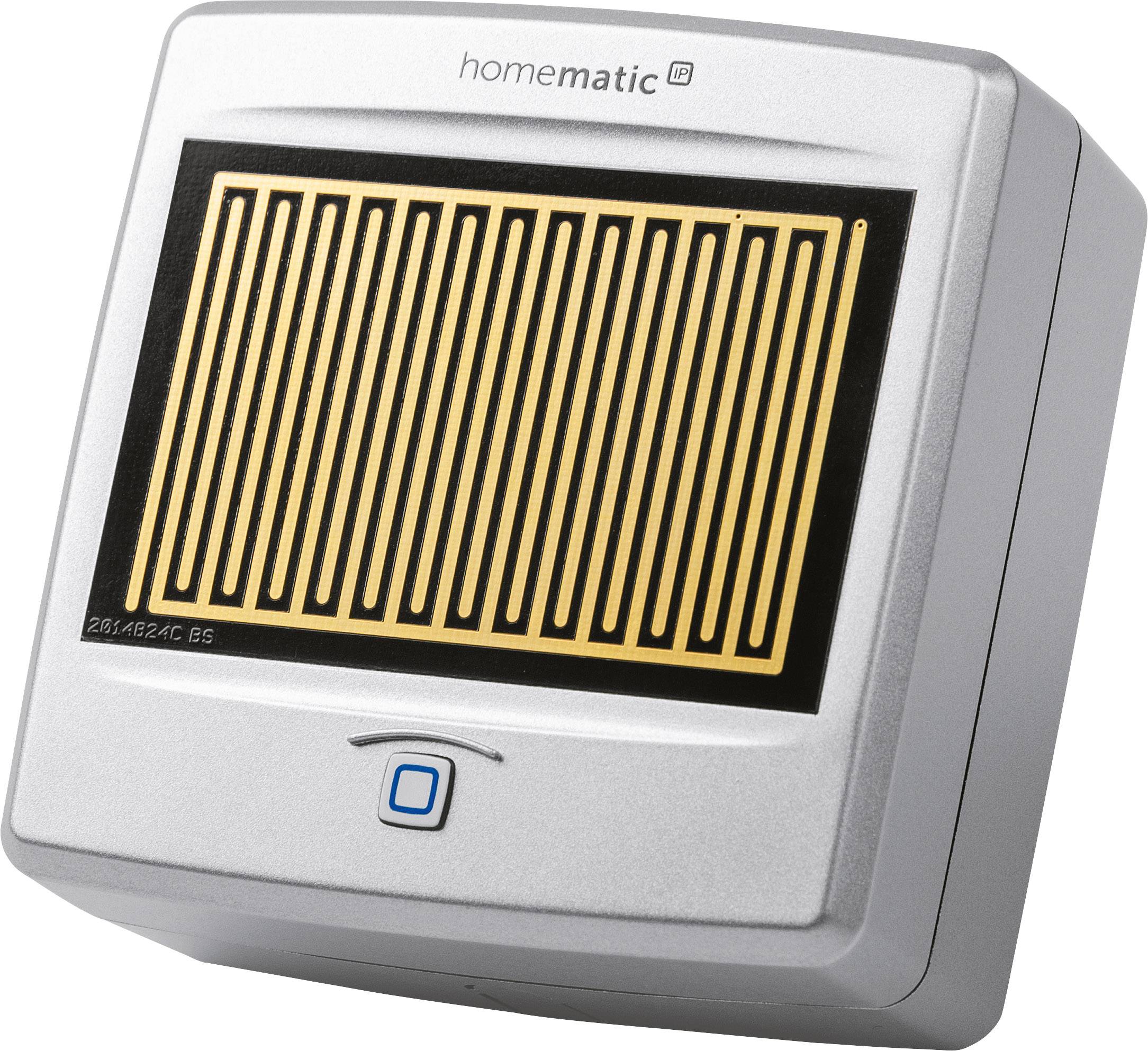 A silver device with a square black screen and a blue square button beneath it. Above this is written 'homematic'.