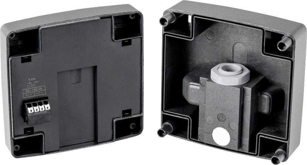 Open black enclosure with terminal strip and cable gland, suitable for wall mounting.
