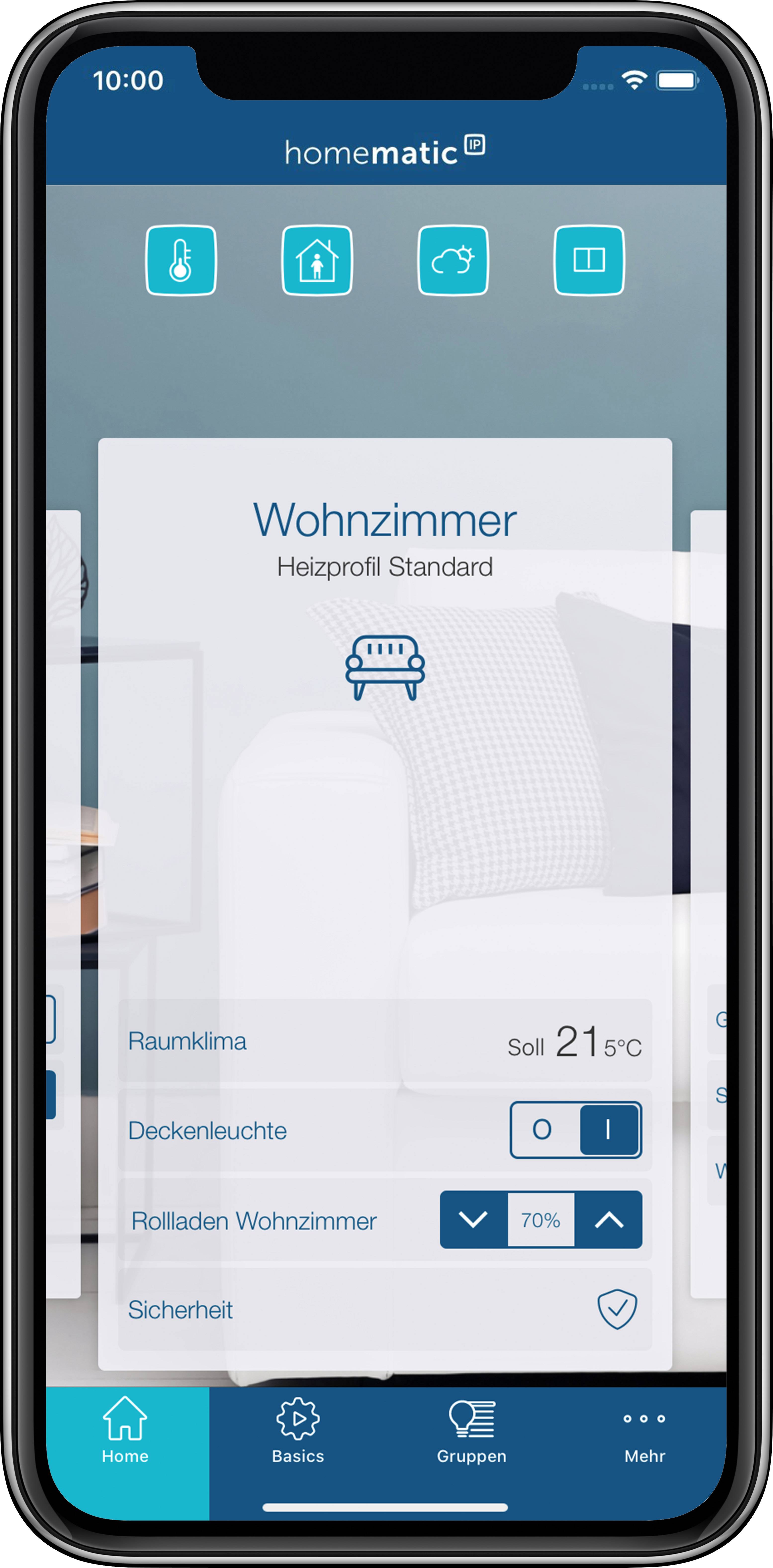 Smartphone screen with home automation app. Displays living room temperature control, lamp control, and blind/shutter control.