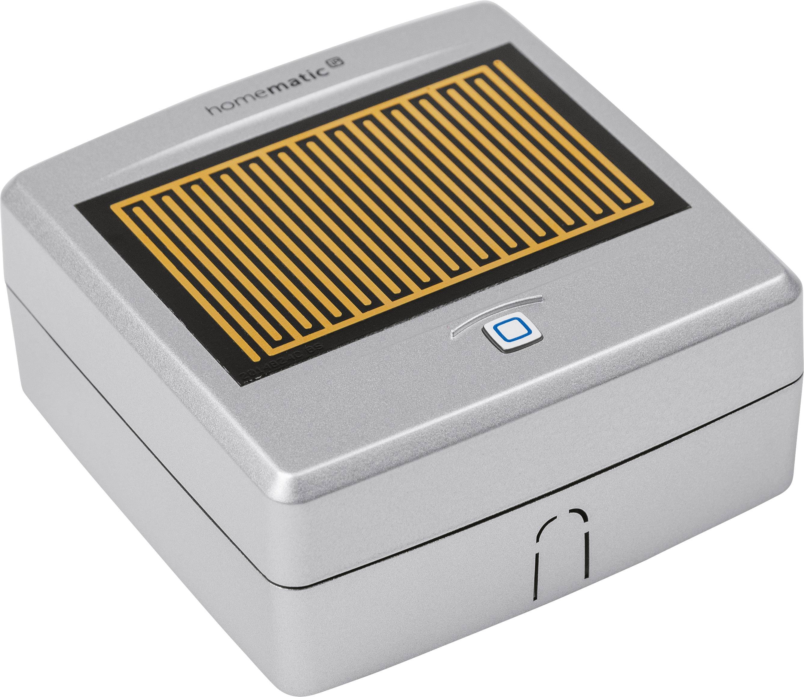 A silver device with a large orange sensor field at the top and a blue button underneath, used for heating energy optimisation.