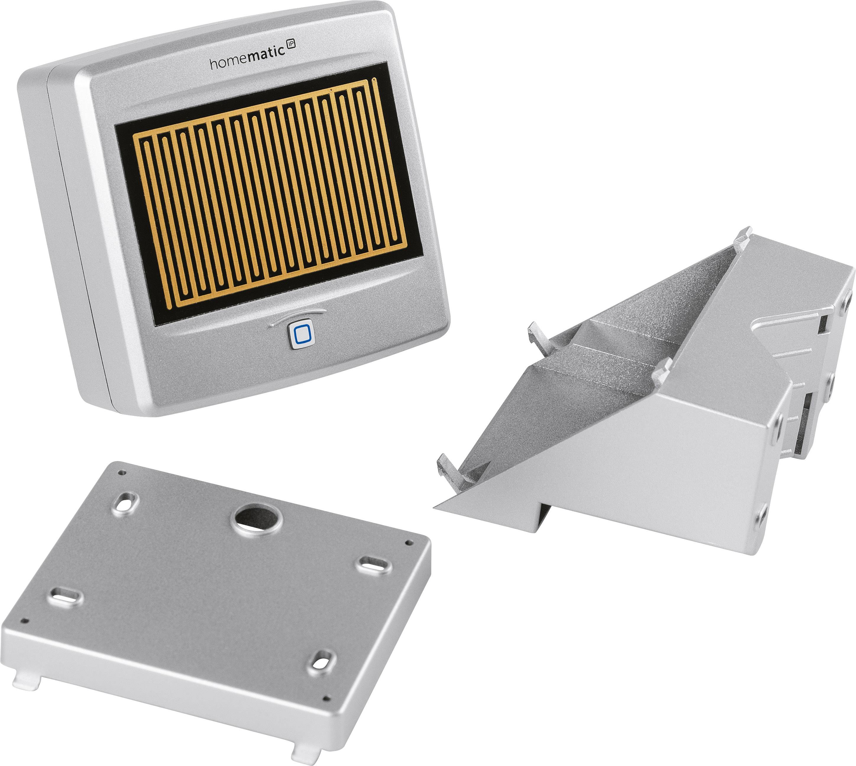 A Homematic IP smart home door contact sensor in grey and silver with two mounting options.