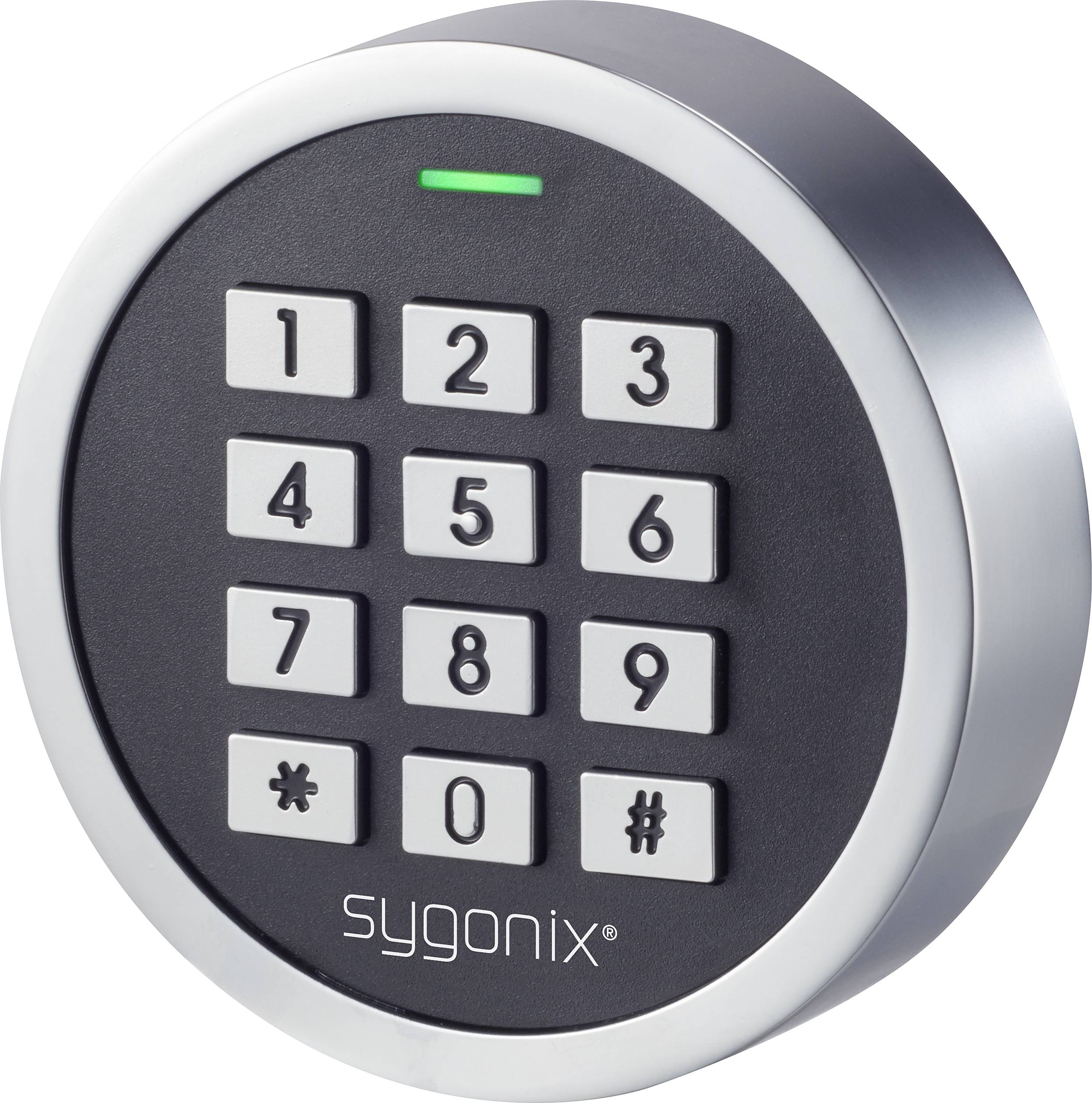 Black keypad with numbers 1 to 9, 0, asterisk, hash, and green light on top. 'sygonix' brand at the bottom. Electronic numeric lock.