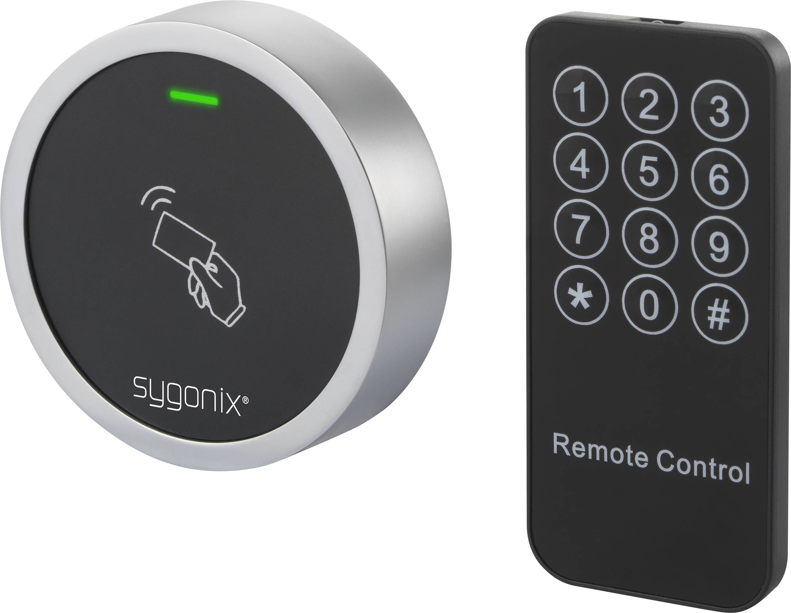 Electronic door lock with a round card reader and rectangular remote control. Card reader displays NFC symbol, remote control has a keypad.