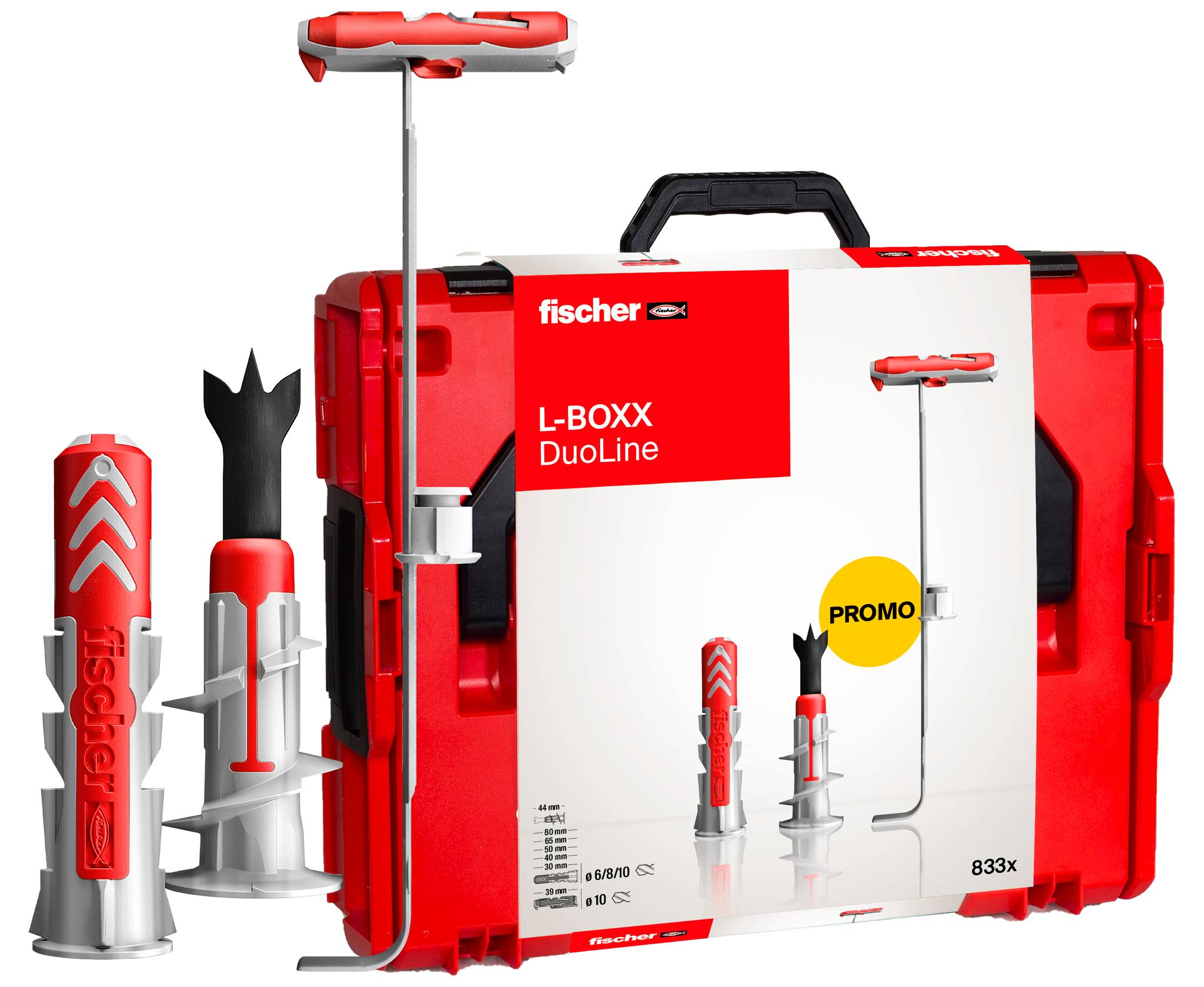 Red and black storage case labeled 'L-BOXX DuoLine' with Fischer DuoLine tool perched on top, featuring a prominent promo sticker.
