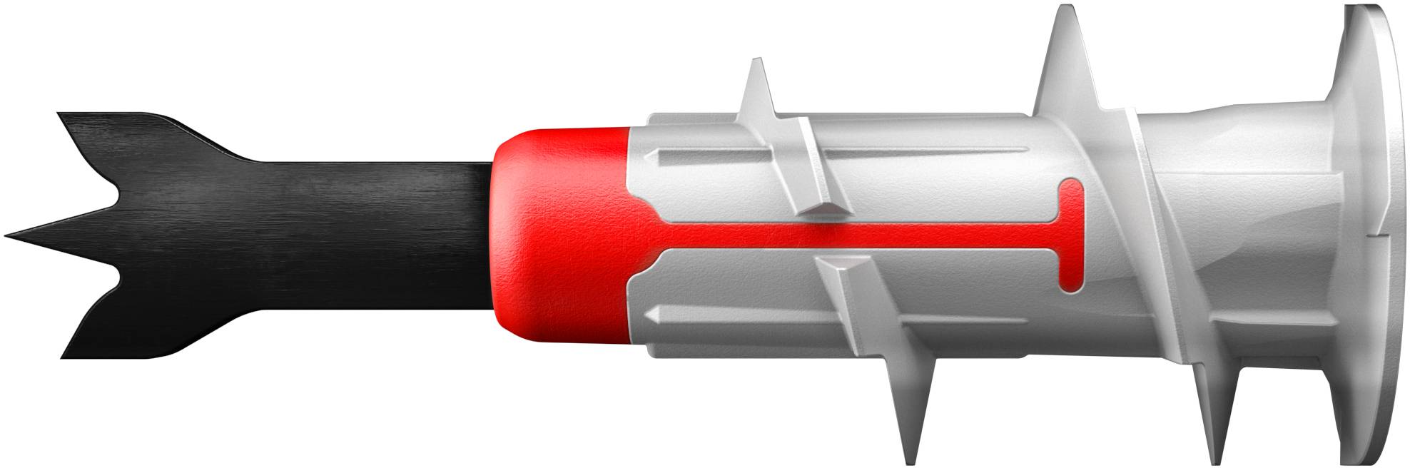 A metal and plastic wall anchor with a pointed black tip and red middle section. Used for securing objects to walls.