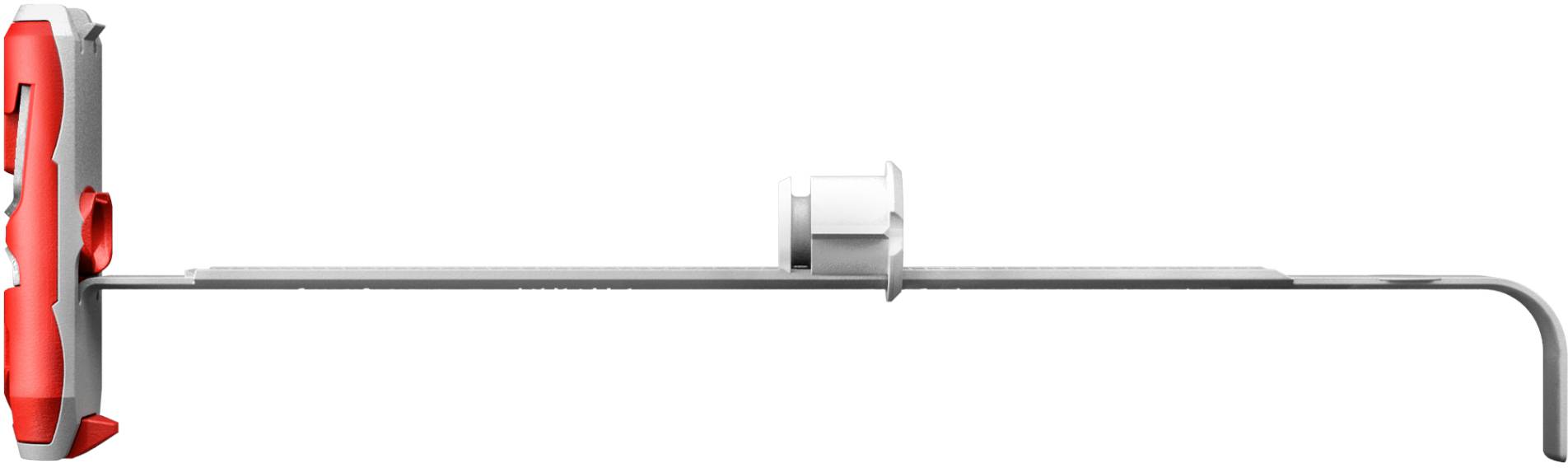 A red-handled tool with a long, flat metal blade, featuring an adjustable white locking mechanism in the middle.