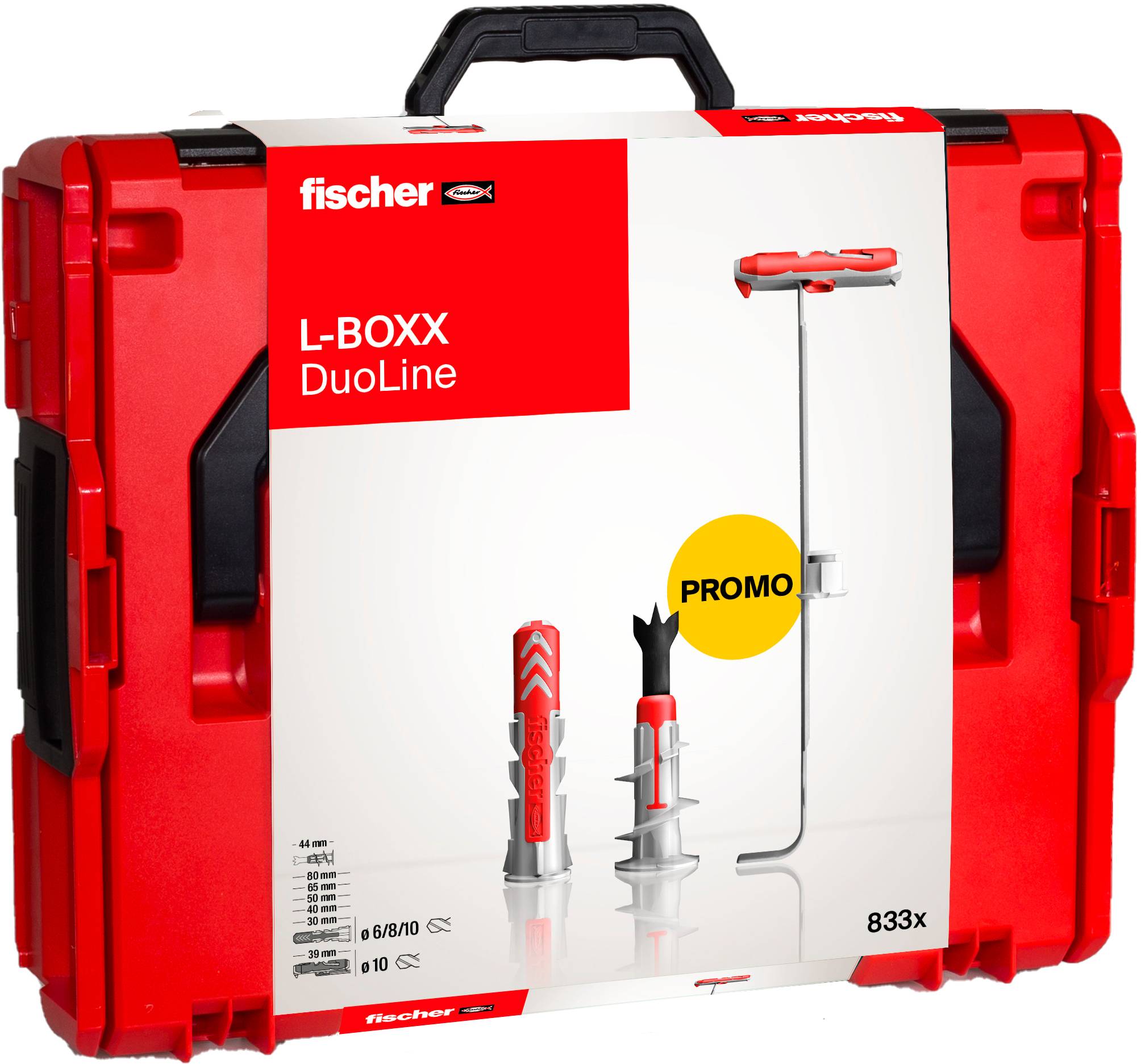 Red toolbox with a 'fischer L-BOXX DuoLine' label, showing two drilled items and a promotional sticker. Handle on top indicates portability.