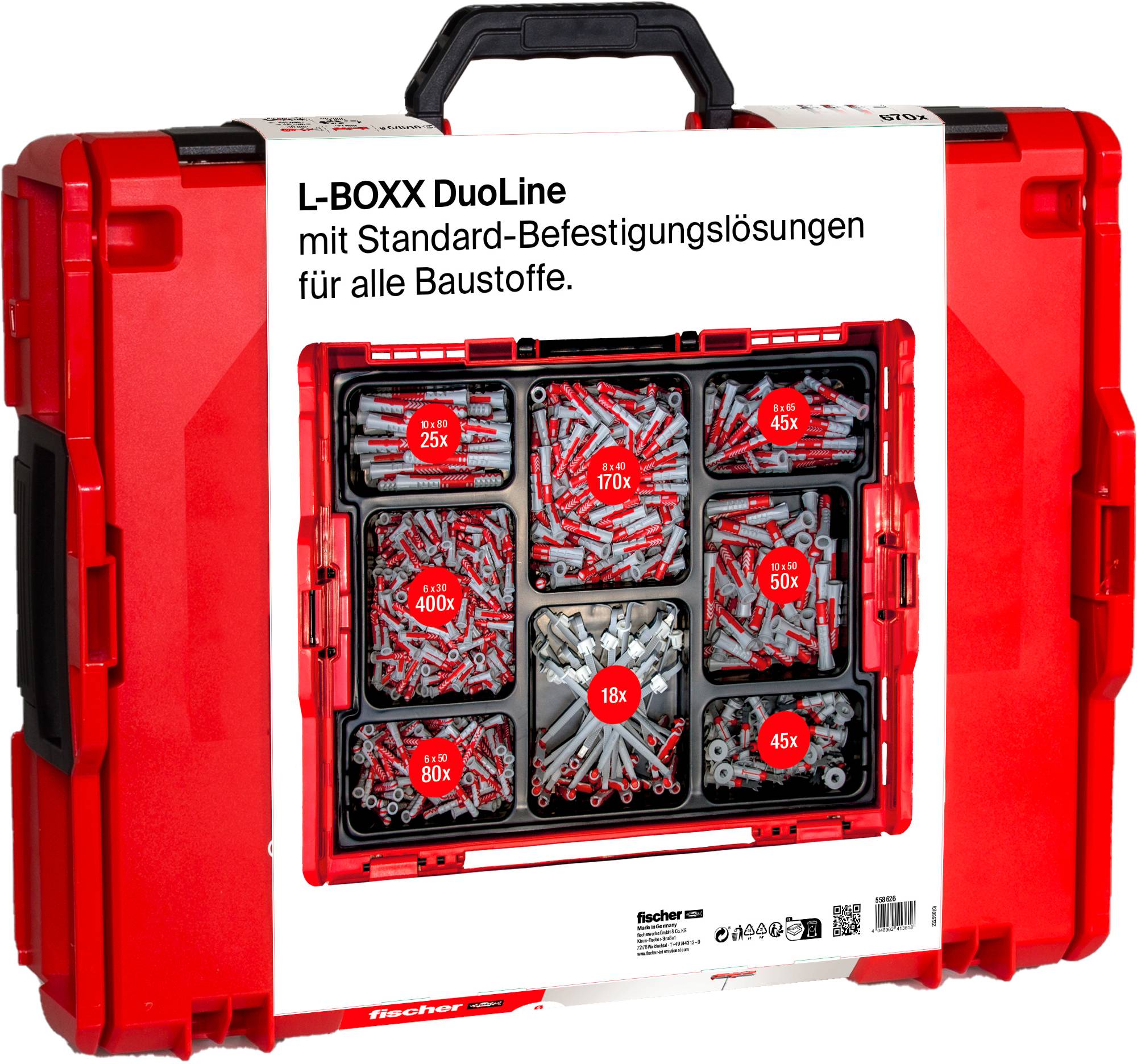 Red storage case with handle contains assorted screws and wall plugs labeled for various construction materials. Background is white.