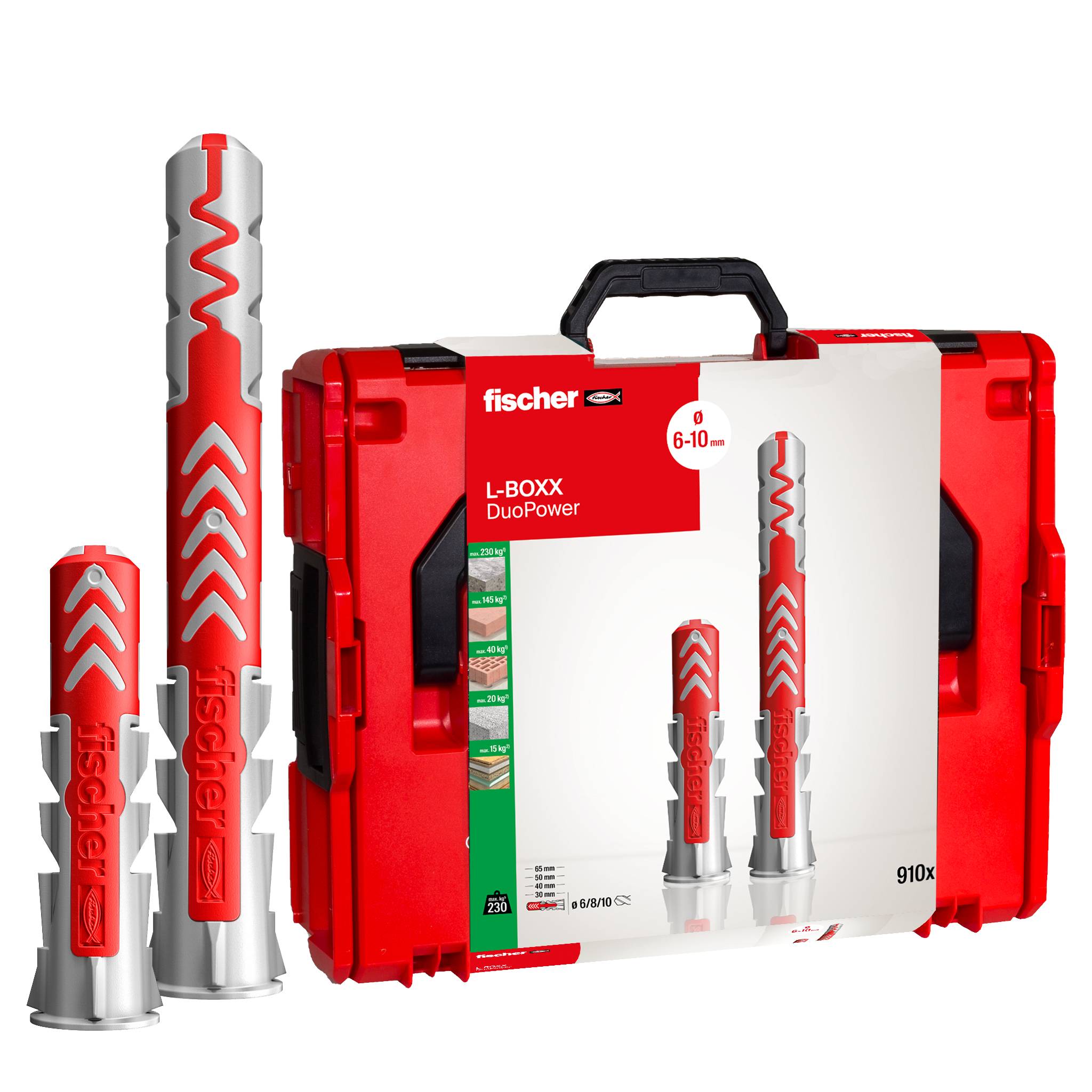 Red and white Fischer L-BOXX DuoPower packaging with plastic wall plugs next to a red carrying case. Text indicates 6-10 mm size range.