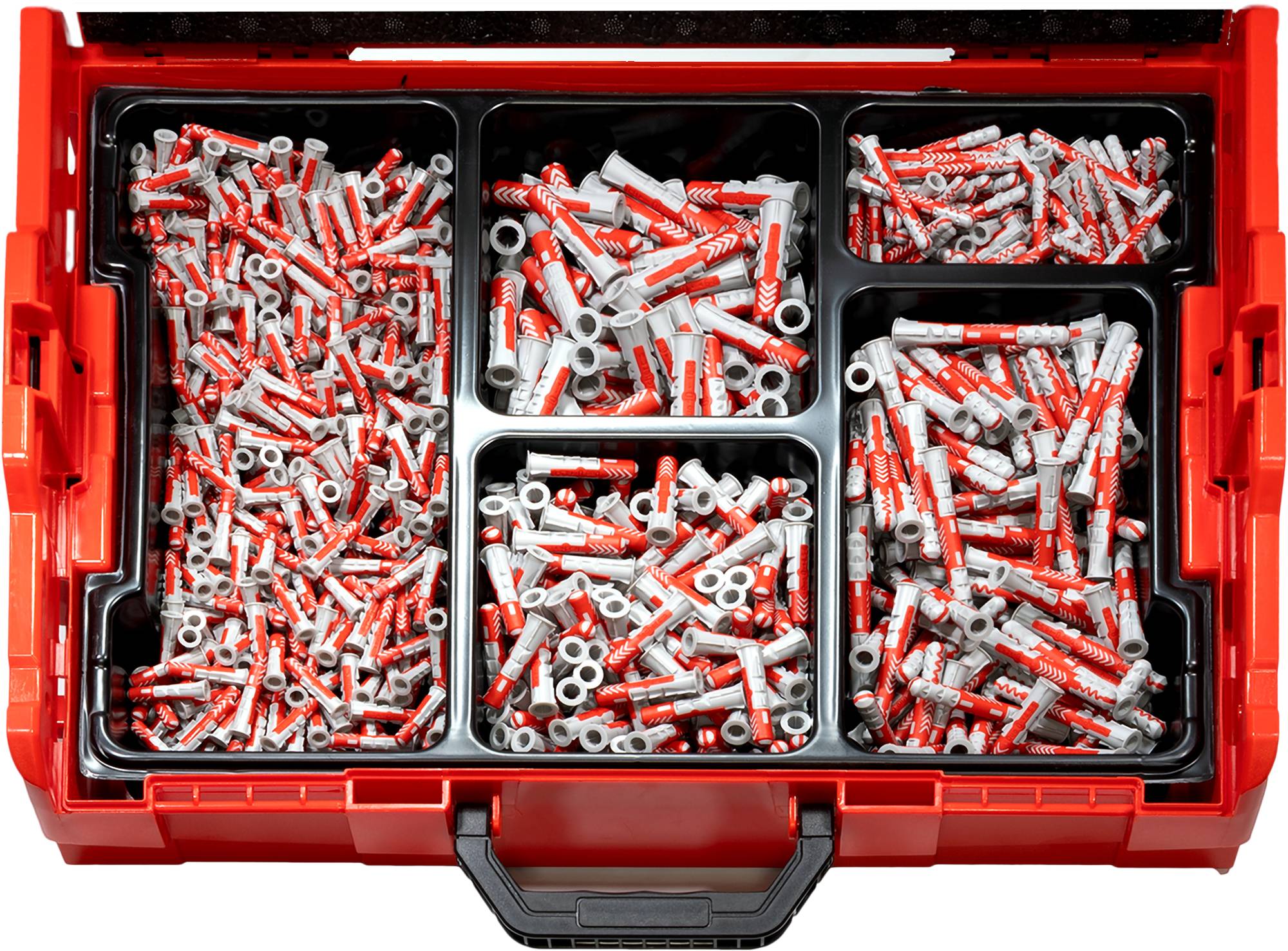 A red toolbox containing multiple compartments filled with various sizes and types of screws, accessories, and plastic anchors.