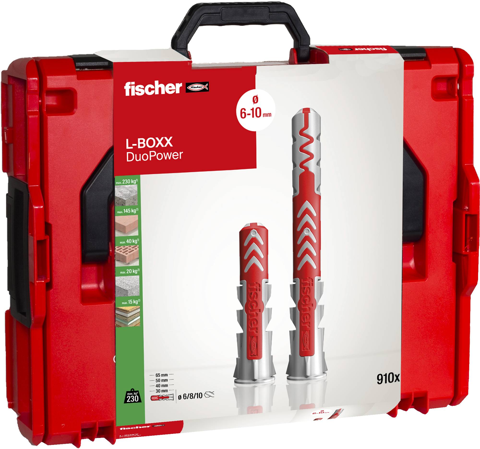 'Fischer L-BOXX DuoPower multicolour set', red and gray wall plugs on toolkit box packaging, suitable for 6-10 mm dia installations.