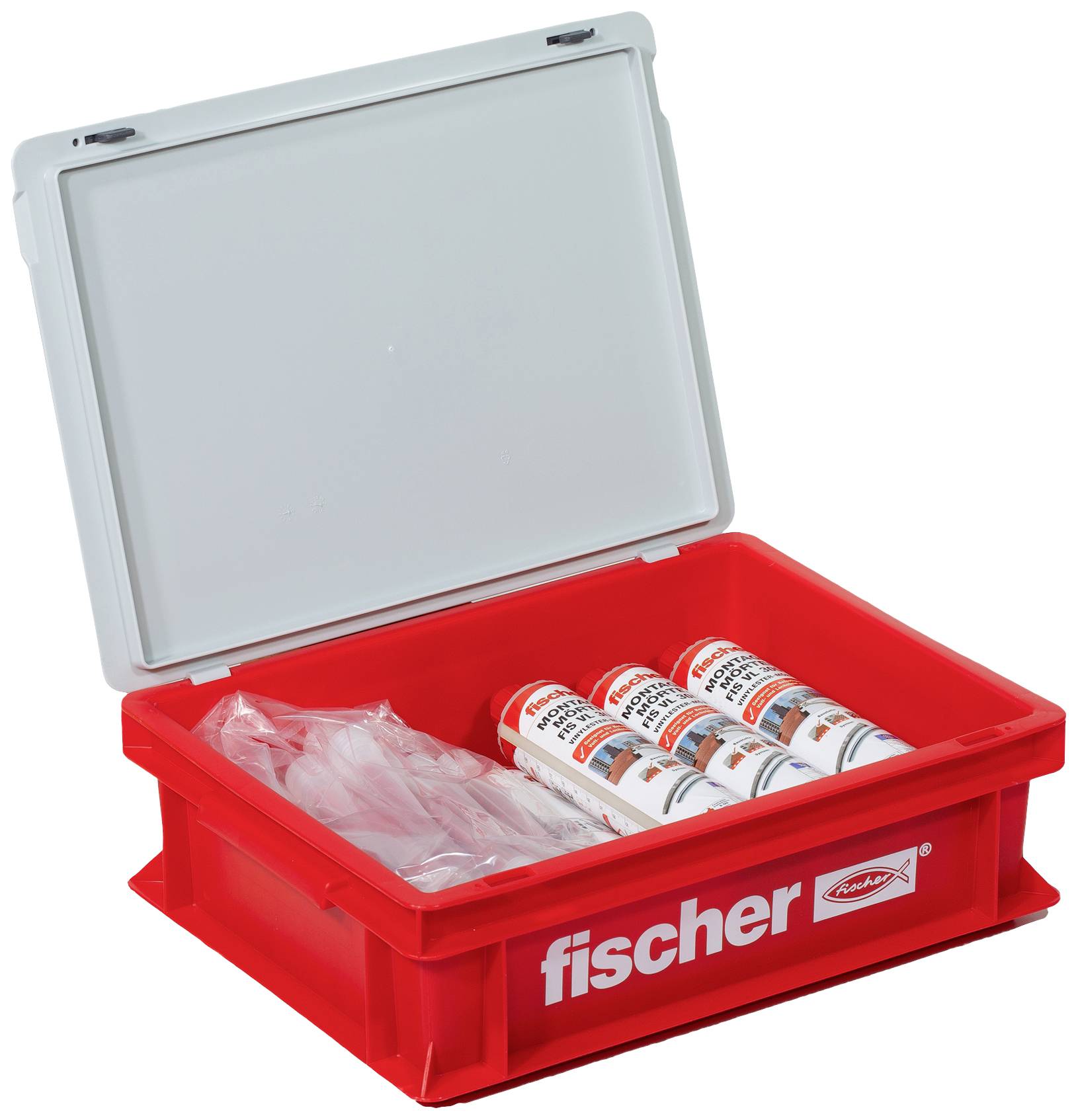 Red plastic storage box with an open lid, containing several tins and packaged pouches. On the front is written 'fischer'.