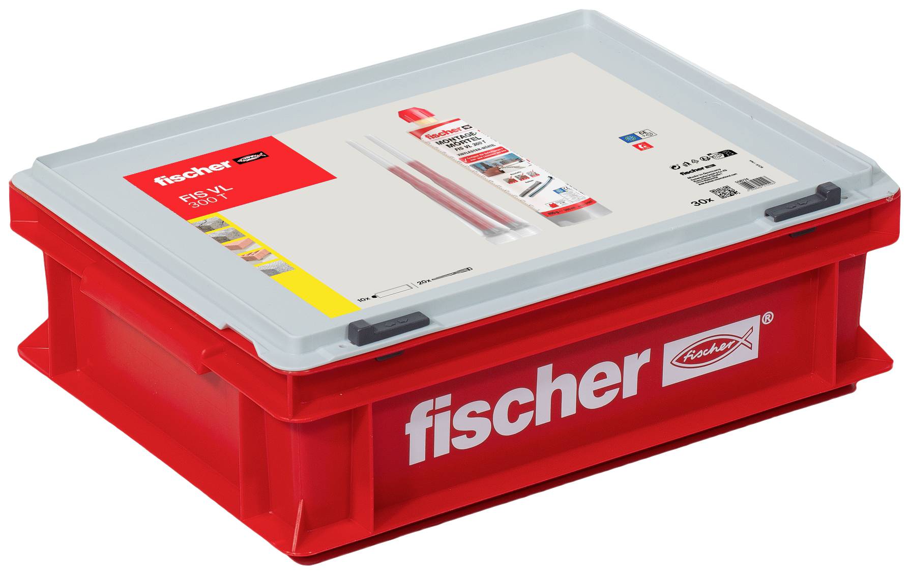Plastic Fischer storage box with transparent lid, contains fixing plugs and accessories. Product image shows brand and contents label.