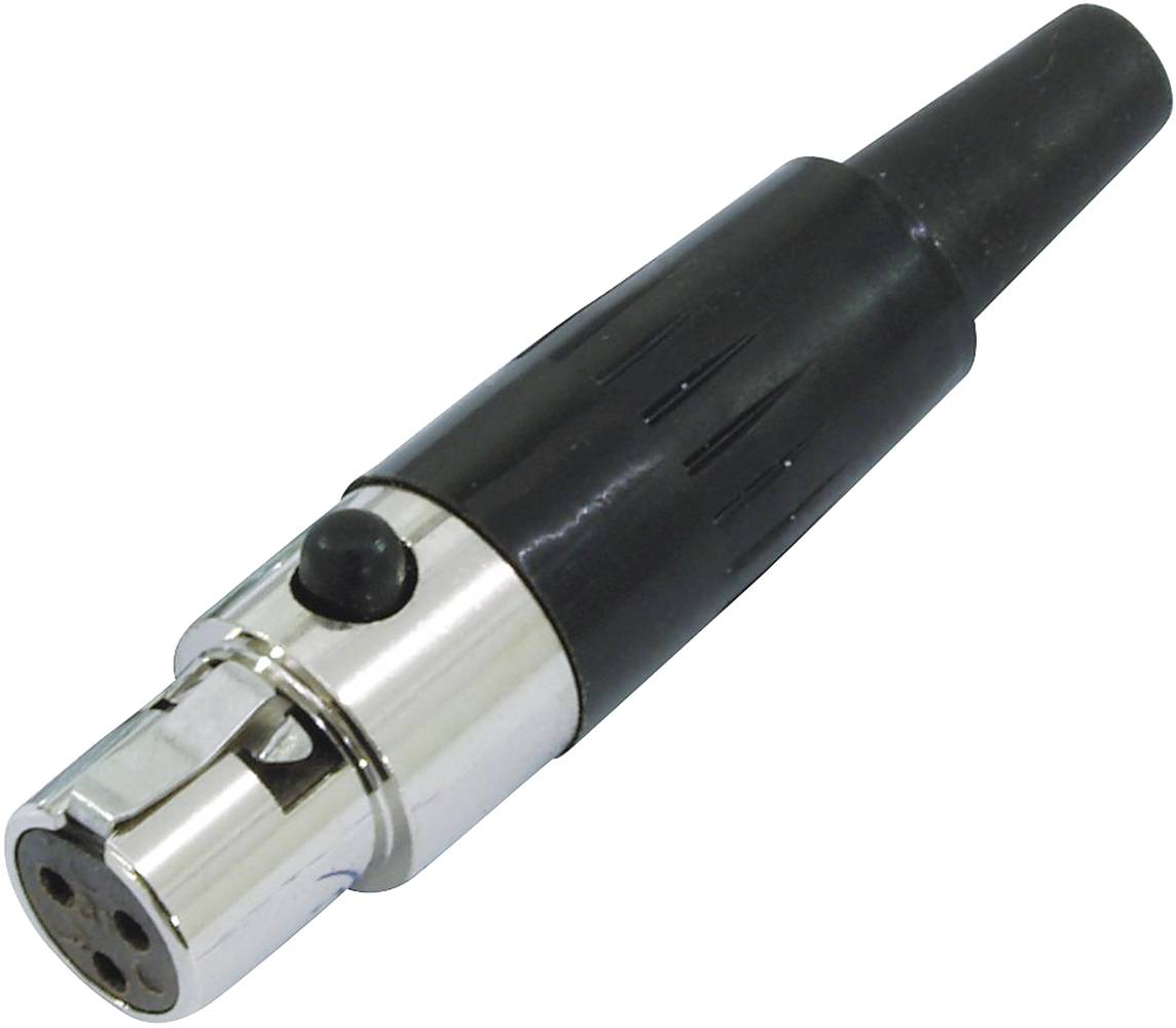 Black and silver XLR connector with three pins, used for audio connection in professional sound environments.