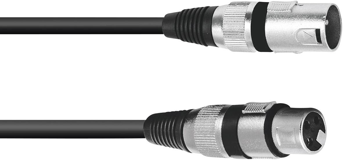 An XLR cable with two connectors: a male XLR plug at the top and a female XLR socket at the bottom. Designed for audio connection.