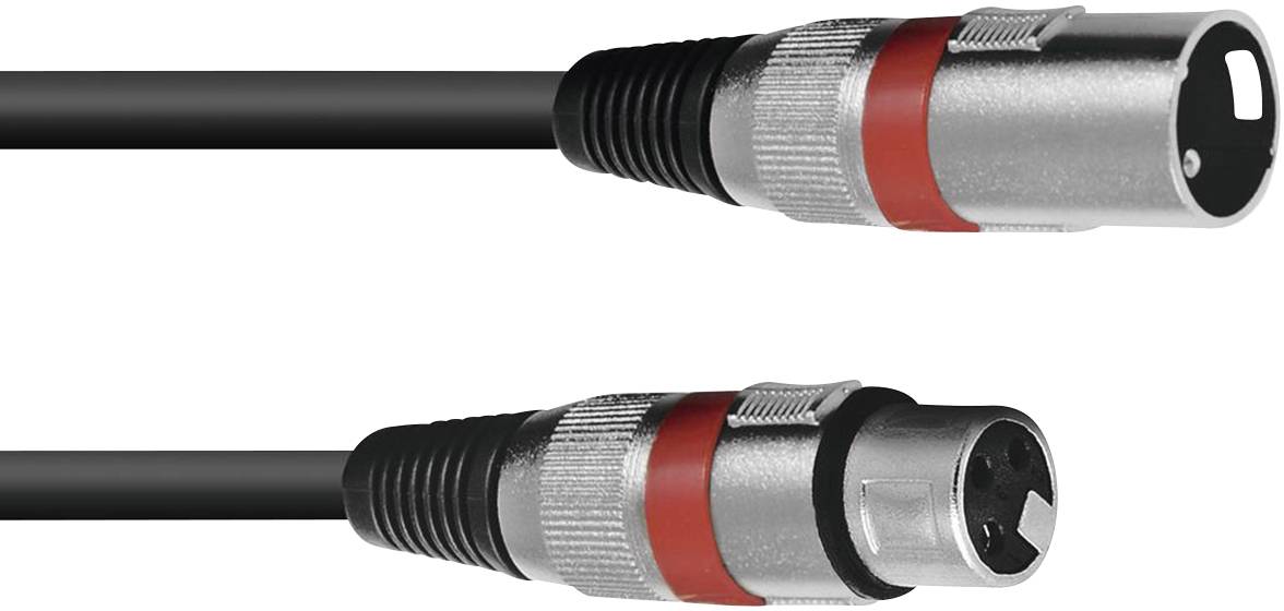 Two XLR cables: one showing a male plug, the other a female plug. Both are black with silver connectors.