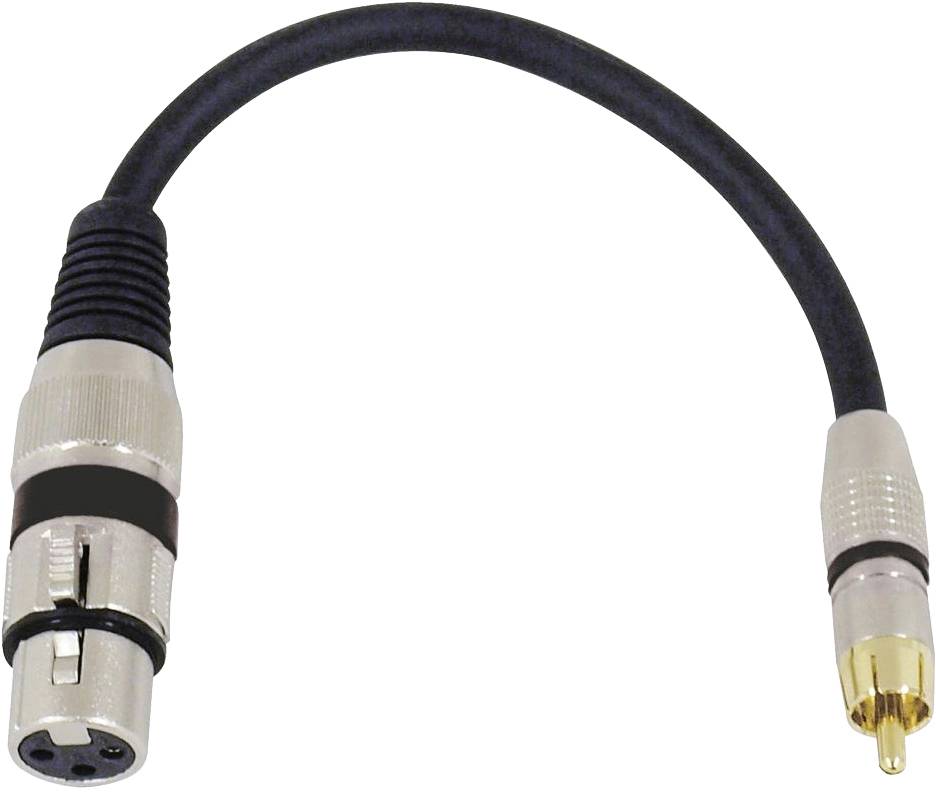 An audio cable with an XLR plug on one side and a phono (RCA) plug on the other side.