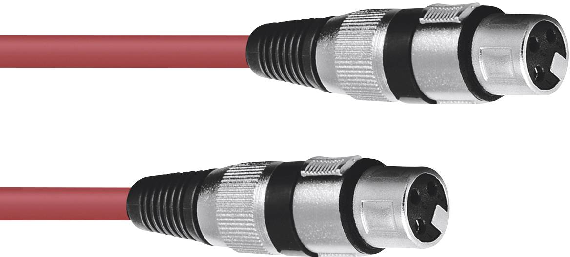 Two red XLR cables with metal connectors, arranged one on top of the other.