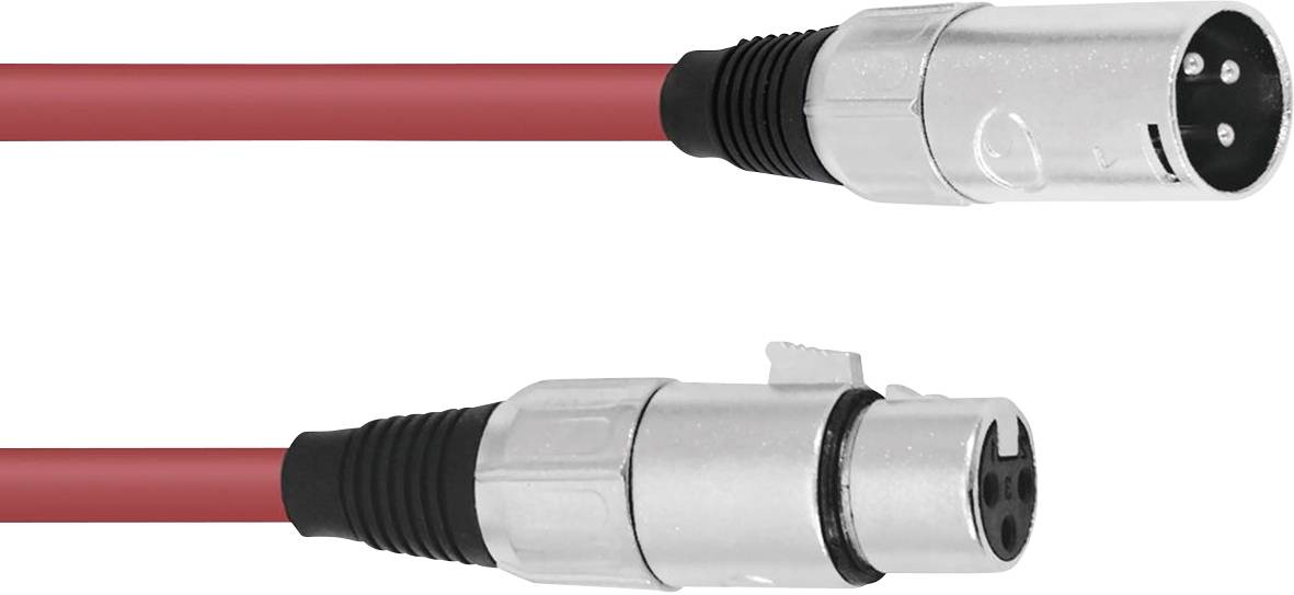 Two XLR audio cables with red cables. At the top, a male XLR plug, at the bottom, a female XLR socket. Both are silver.