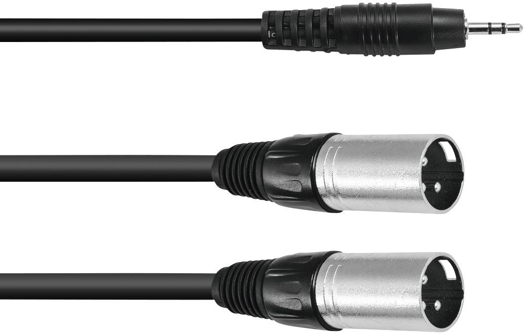 Black cable with a 3.5mm jack plug at the top and two XLR connectors at the bottom, suitable for audio connections.