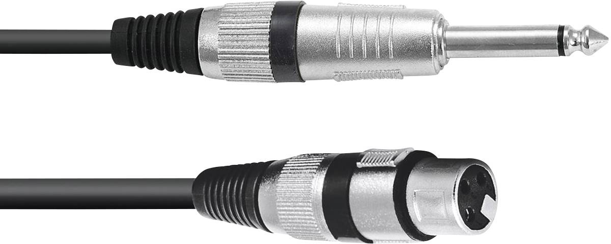 An audio cable with an XLR connector and a 6.3mm jack plug, suitable for connecting microphones or audio equipment.