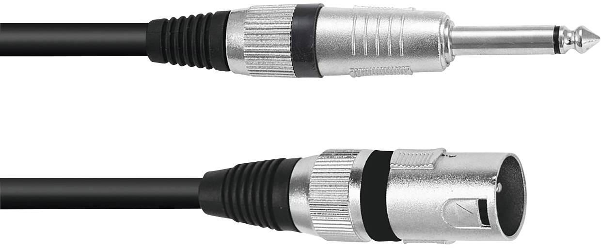 XLR and 6.35 mm jack cable in black with silver metal connectors, commonly used in audio and music systems.