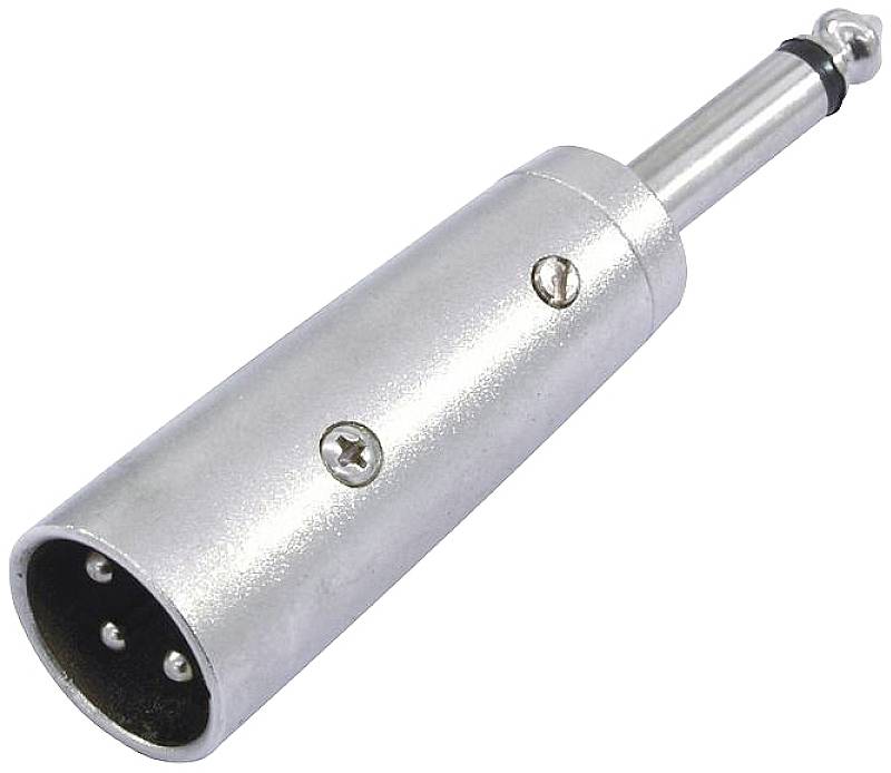 A silver-coloured XLR-to-jack plug adapter, used for connecting audio equipment.