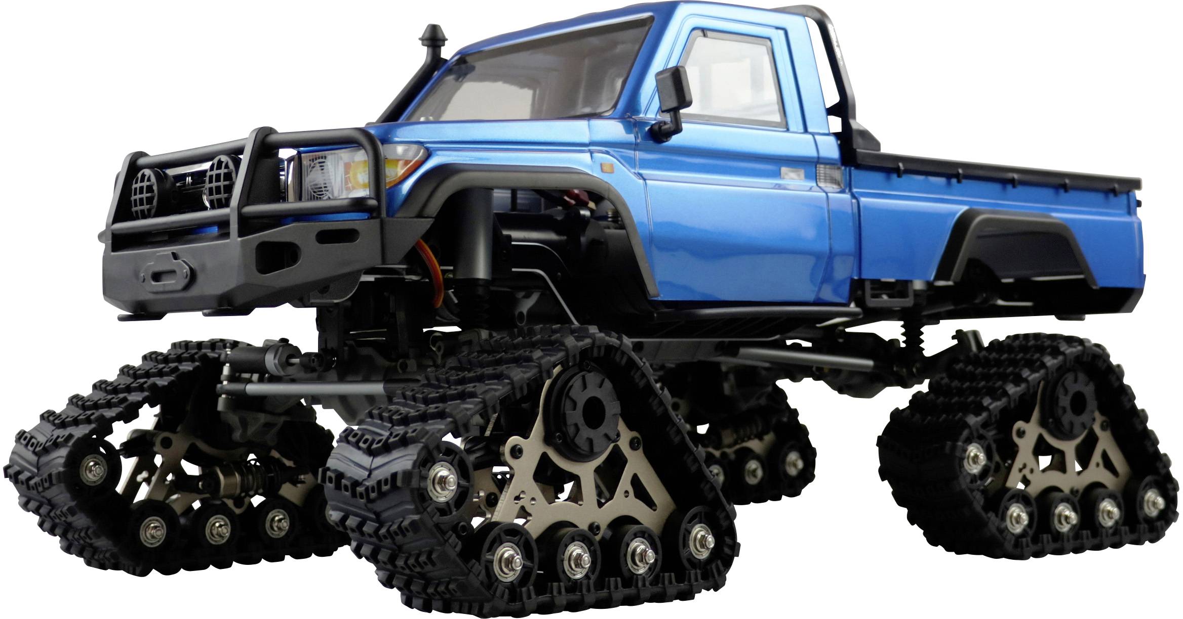 A blue truck with tracked drive instead of wheels, suitable for challenging terrain.