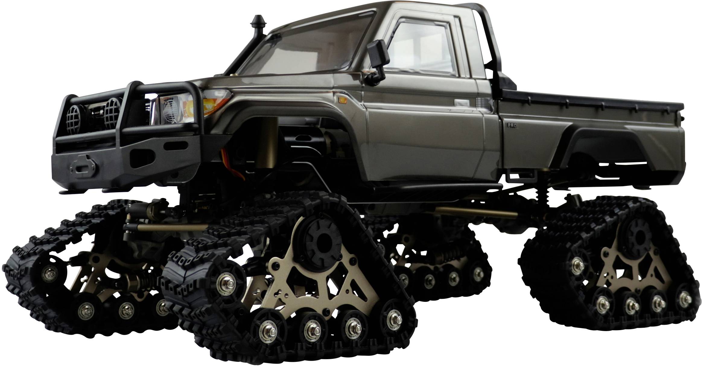 Remote-controlled off-road model car with robust tracked chassis and grey bodywork for challenging terrain. Suitable for model-building enthusiasts.