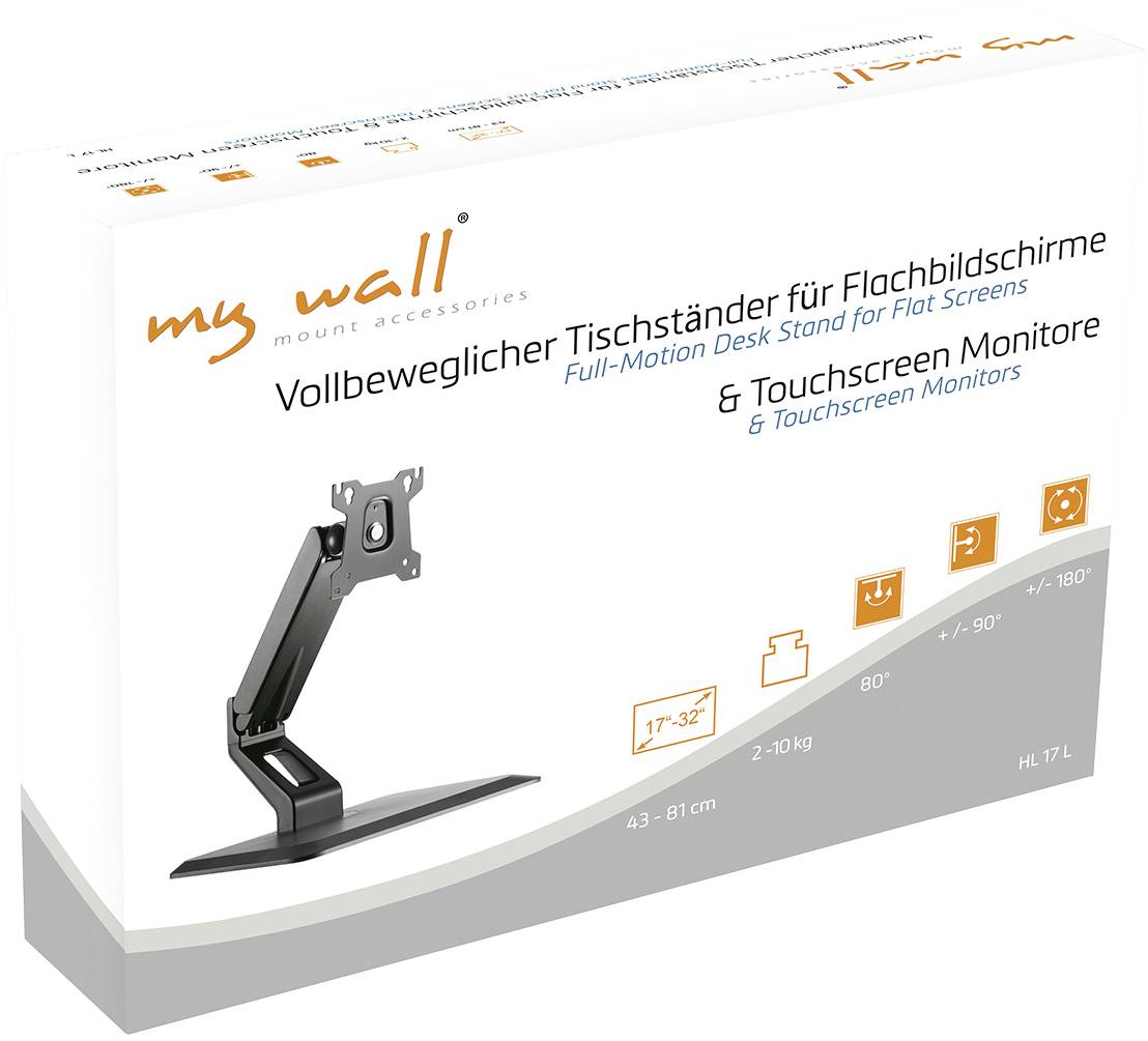 A packaging with a fully articulating desk stand for flat screen displays and touchscreen monitors, suitable for 17