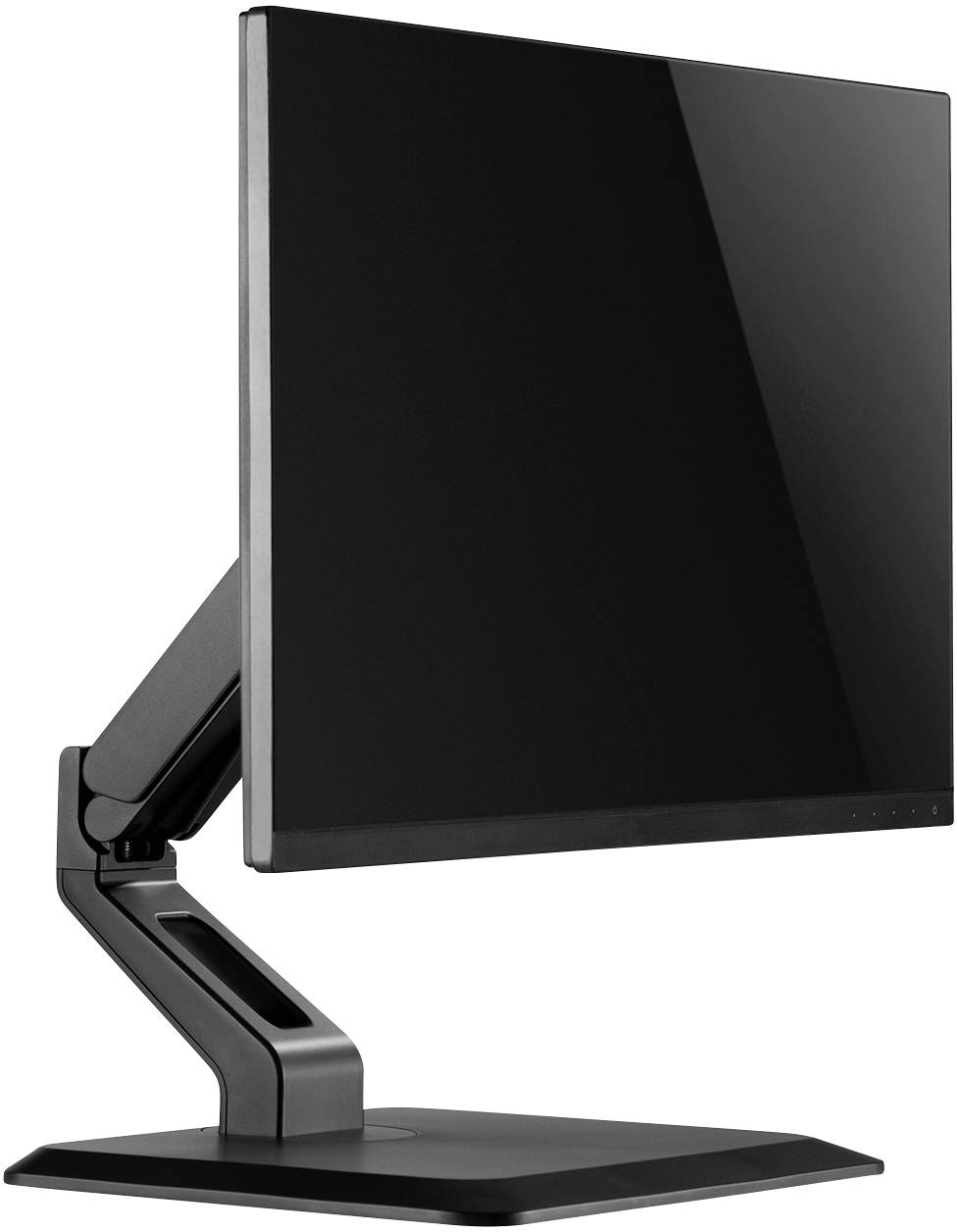 A modern, black monitor on an adjustable arm. The screen is switched off and displays no content.